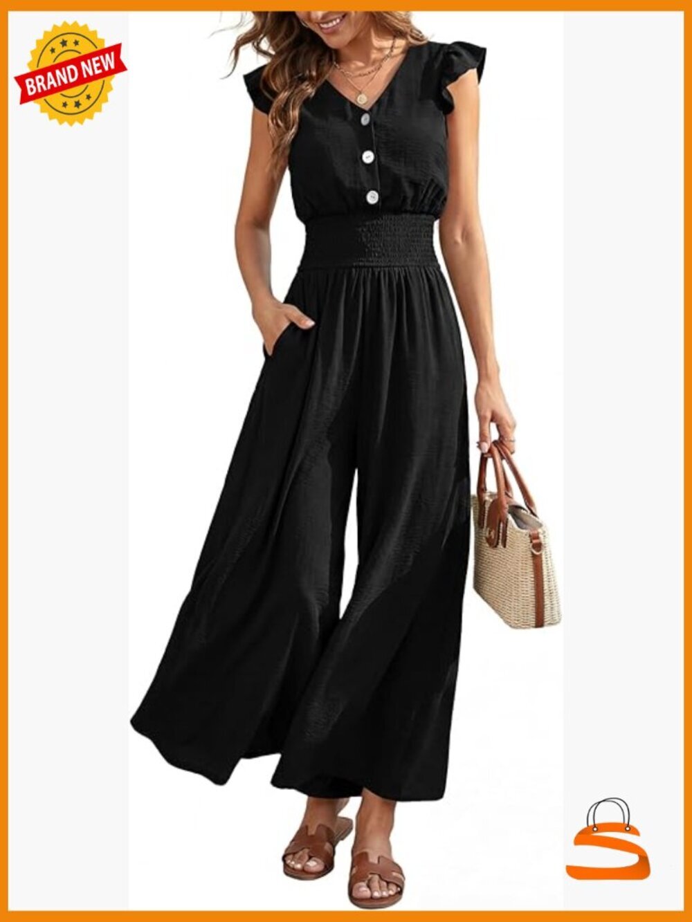 Ruffle Cap Sleeve Smocked Jumpsuit Wide Leg Romper